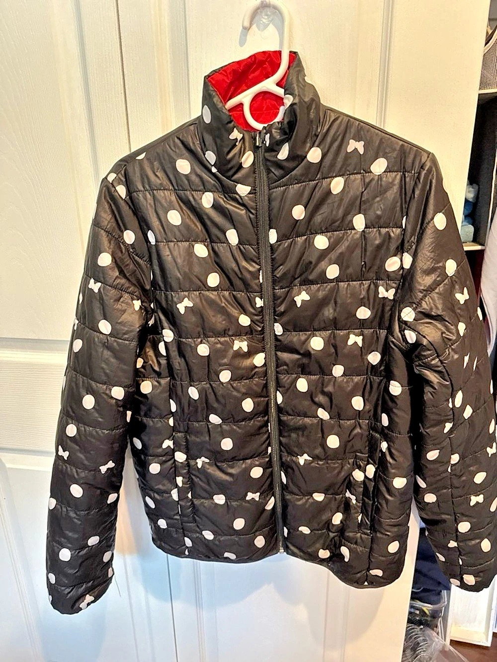 Disney Minnie Mouse Black White Polka Dot Reversible Puffer Jacket Reversible